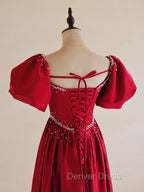 A-Line Burgundy Satin Puff Sleeves Long Prom Dresses, Burgundy Formal Evening Dresses