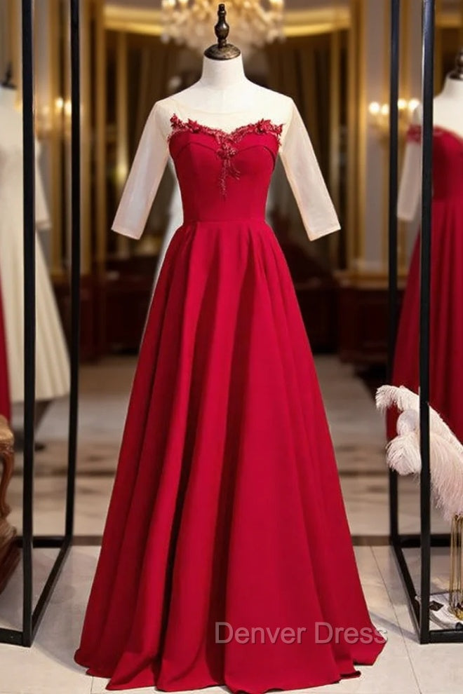 A Line Burgundy Satin Short Sleeve Appliques Prom Dresses