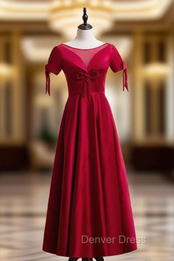 A-Line Burgundy Satin Short Sleeve Beading Prom Dresses