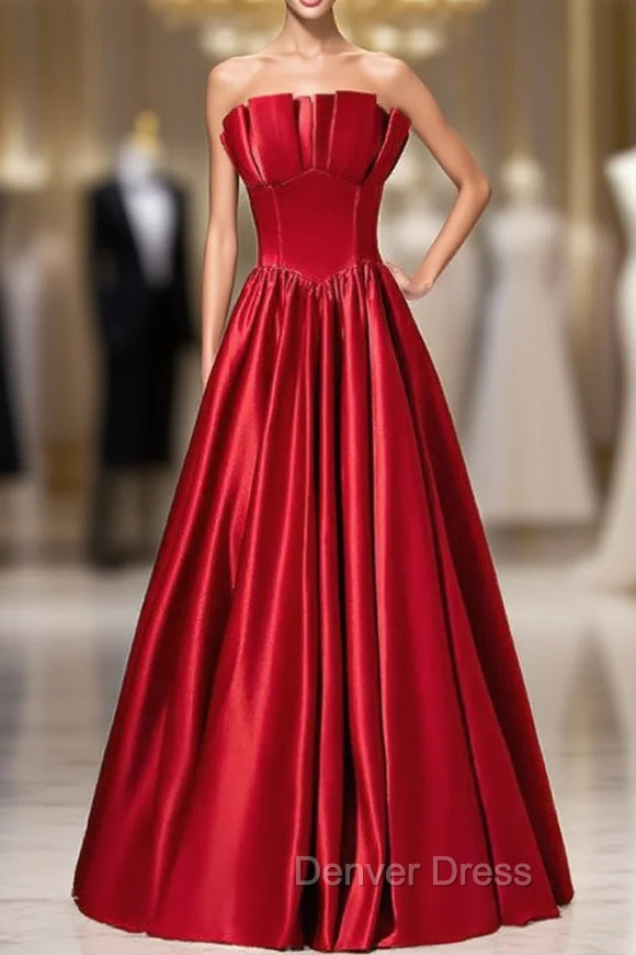 A-Line Burgundy Satin Strapless Pleats Long Prom Dresses