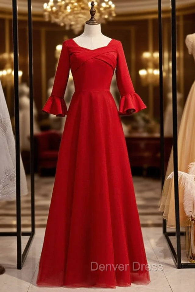 A-Line Burgundy Satin Tulle Half Sleeve Simple Prom Dresses