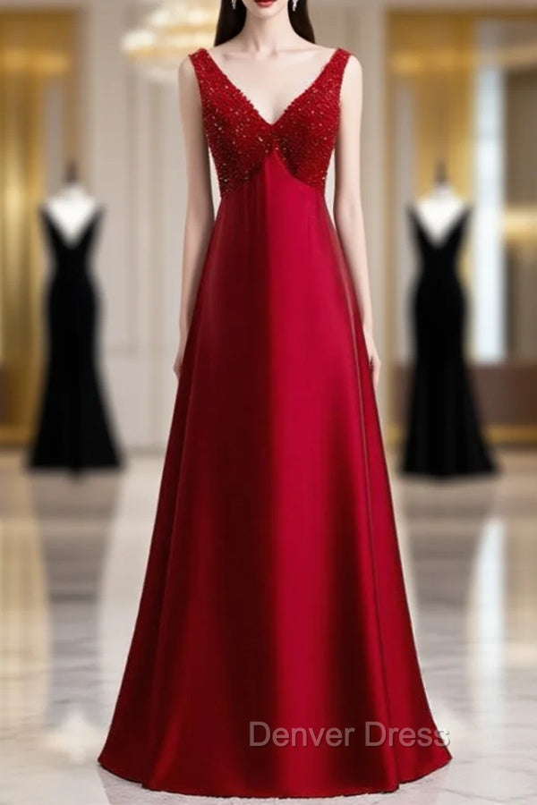 A-Line Burgundy Satin V-neck Beading Prom Dresses Main image