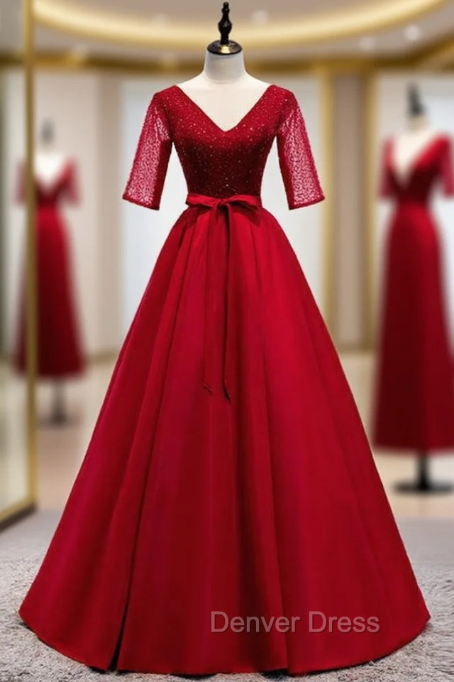 A Line Burgundy Satin V Neck Short Sleeve Sequins Prom Dresses