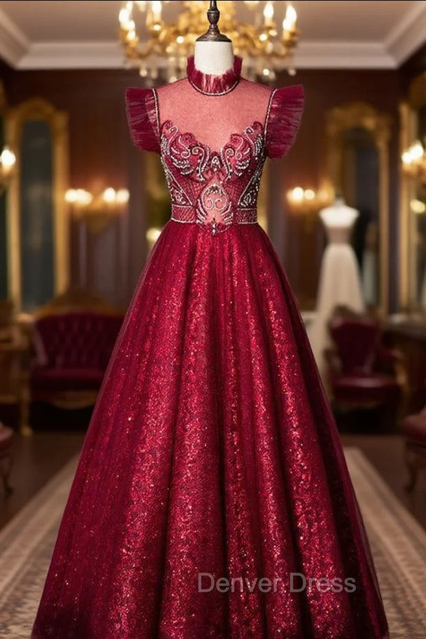 A-Line Burgundy Sequins High Neck Beading Crystal Prom Dresses Main image