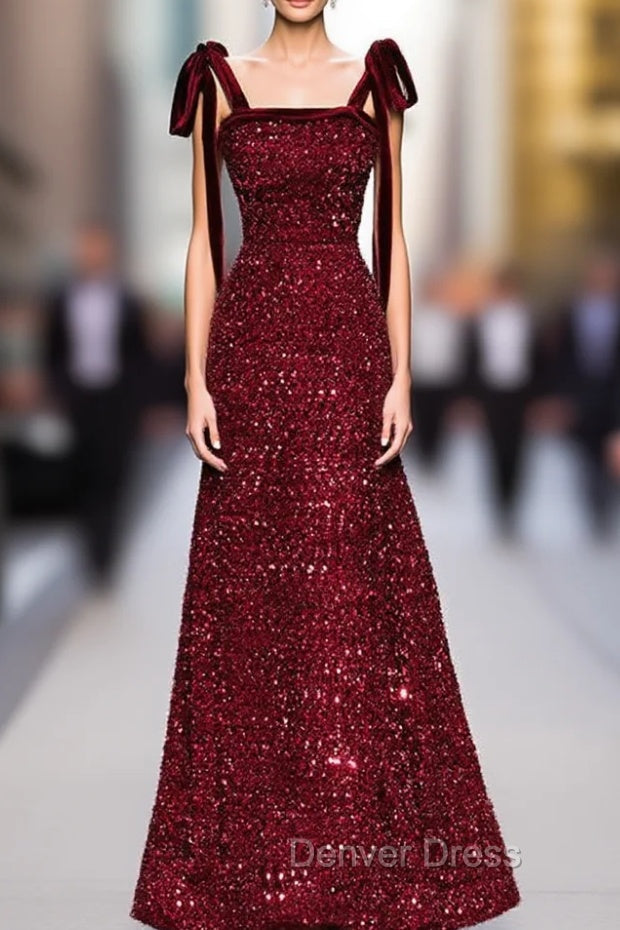 A Line Burgundy Sequins Straps Prom Dresses Main image