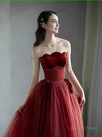 A Line Burgundy Strapless Prom Dress