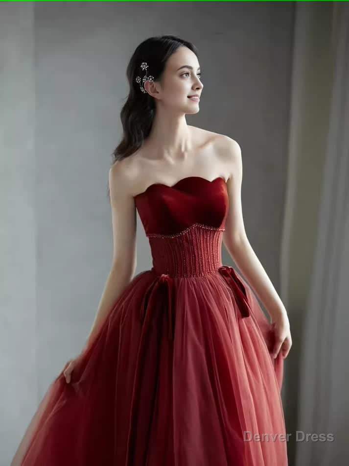 A Line Burgundy Strapless Prom Dress