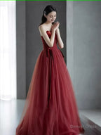 A Line Burgundy Strapless Prom Dress