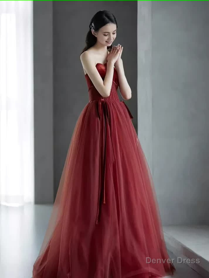 A Line Burgundy Strapless Prom Dress