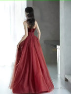 A Line Burgundy Strapless Prom Dress