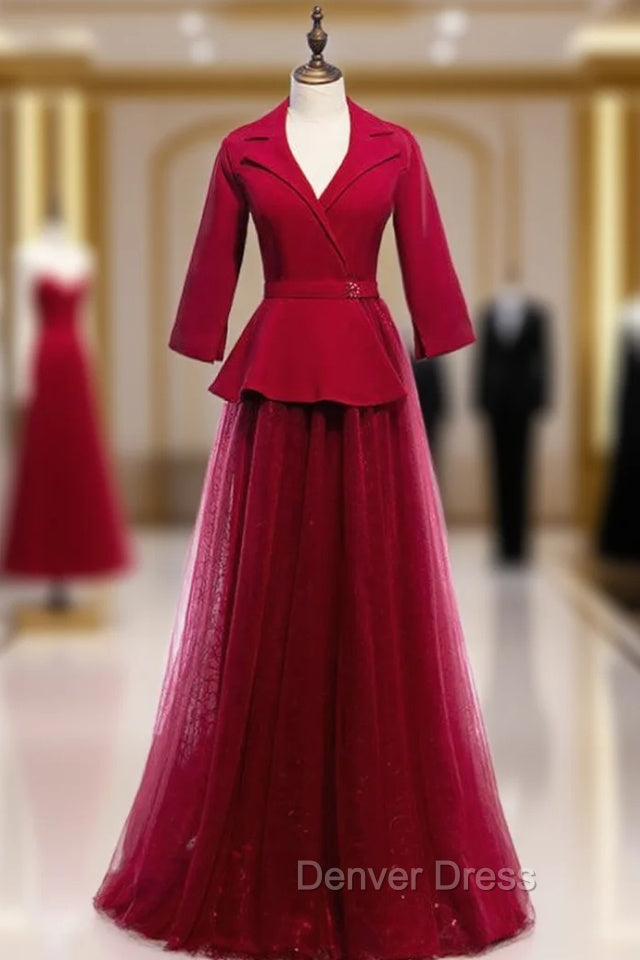 A-Line Burgundy Tulle 3/4 Sleeve V-neck Prom Dresses
