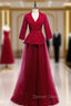 A-Line Burgundy Tulle 3/4 Sleeve V-neck Prom Dresses