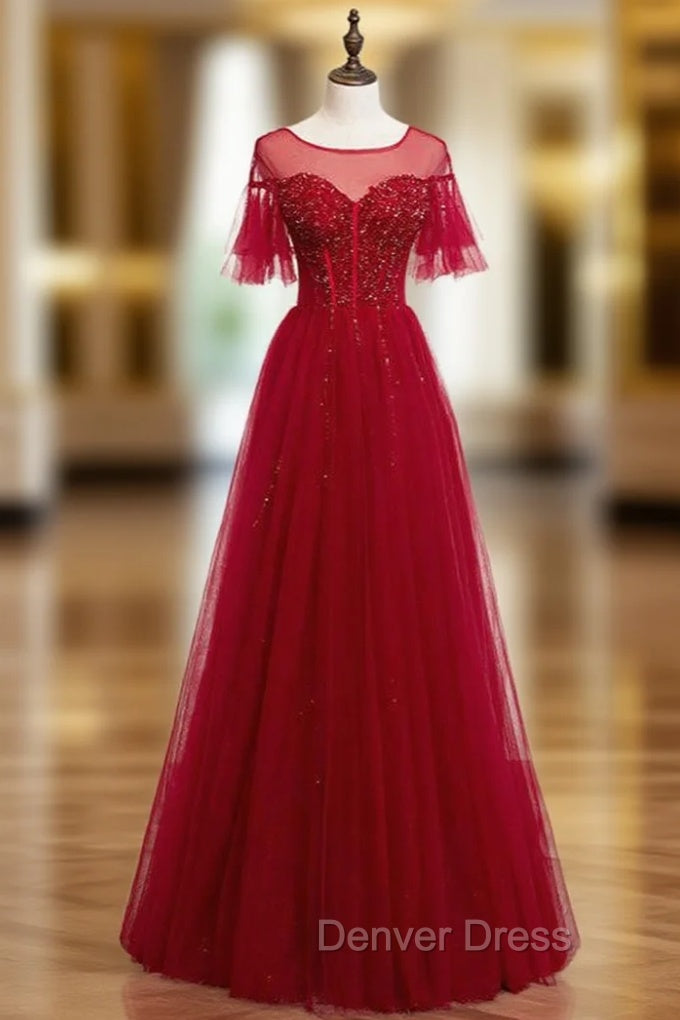 A-Line Burgundy Tulle Beading Sequins Long Prom Dresses