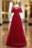 A-Line Burgundy Tulle Beading Sequins Long Prom Dresses