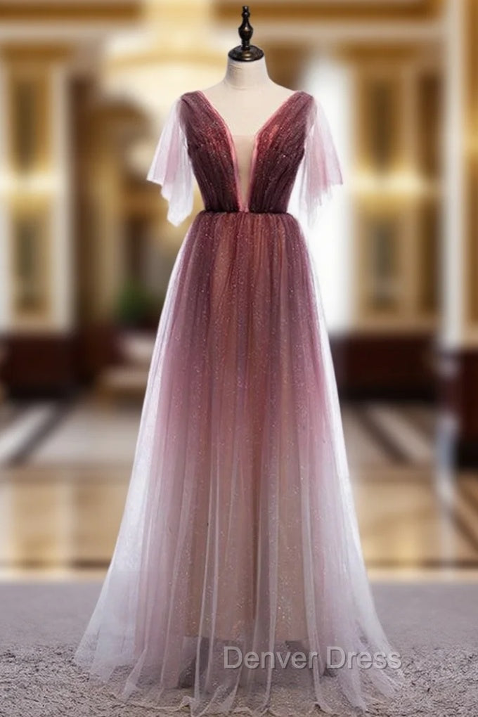A-Line Burgundy Tulle Deep V-neck Pleats Prom Dresses Main image
