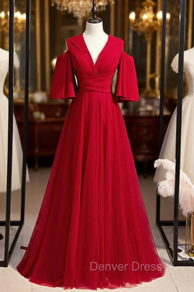 A-Line Burgundy Tulle Deep V-neck Prom Dresses Main image