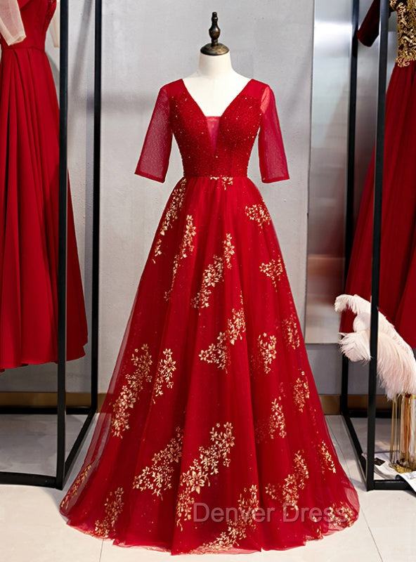 A-Line Burgundy Tulle Gold Sequins V-neck Short Sleeve Prom Dresses