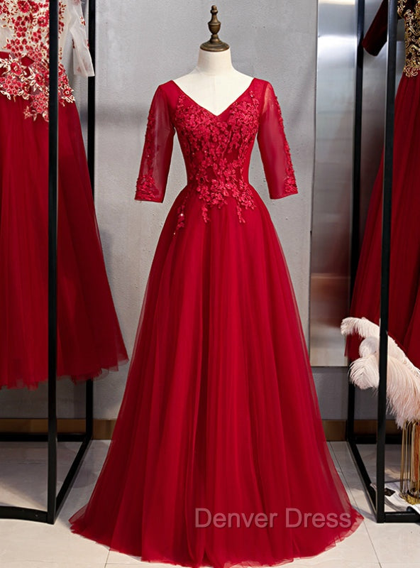 A-Line Burgundy Tulle Lace Appliques Short Sleeve Prom Dresses Main image