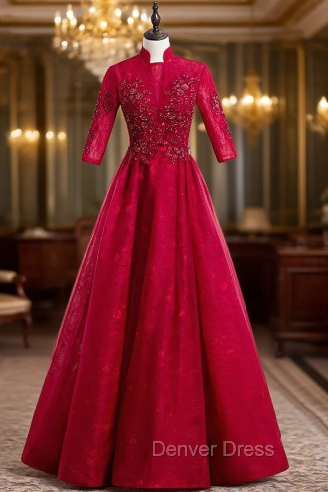 A-Line Burgundy Tulle Lace High Neck Short Sleeve Prom Dresses