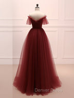 A Line Burgundy Tulle Long Prom Dress, Burgundy Long Prom Dresses