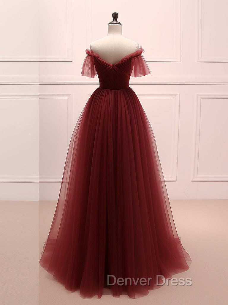 A Line Burgundy Tulle Long Prom Dress, Burgundy Long Prom Dresses
