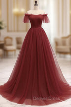 A-Line Burgundy Tulle Long Prom Dresses, Burgundy Long Evening Dresses