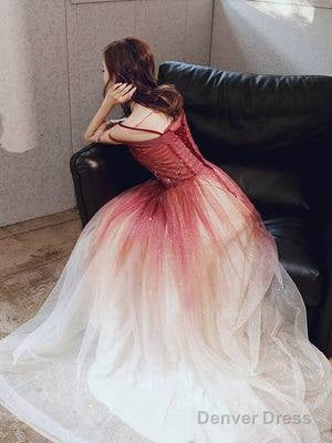 A Line Burgundy Tulle Long Prom Dress, Burgundy Tulle Prom Dresses