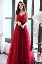 A Line Burgundy Tulle Long Prom Dress, Burgundy Prom Dresses