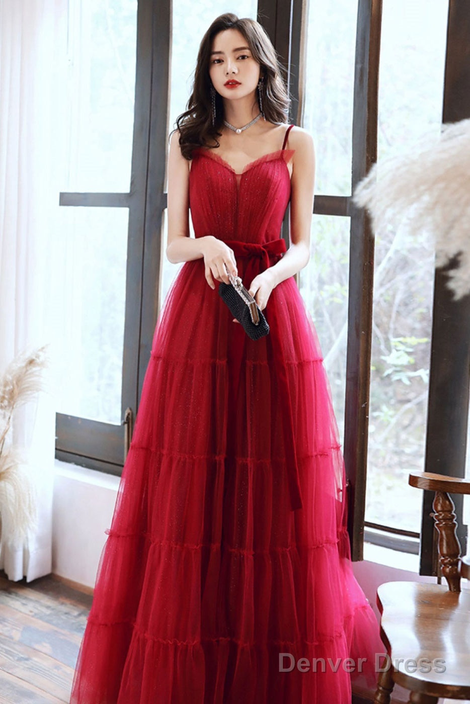 A Line Burgundy Tulle Long Prom Dress, Burgundy Prom Dresses