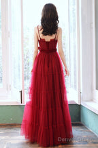 A Line Burgundy Tulle Long Prom Dress, Burgundy Prom Dresses
