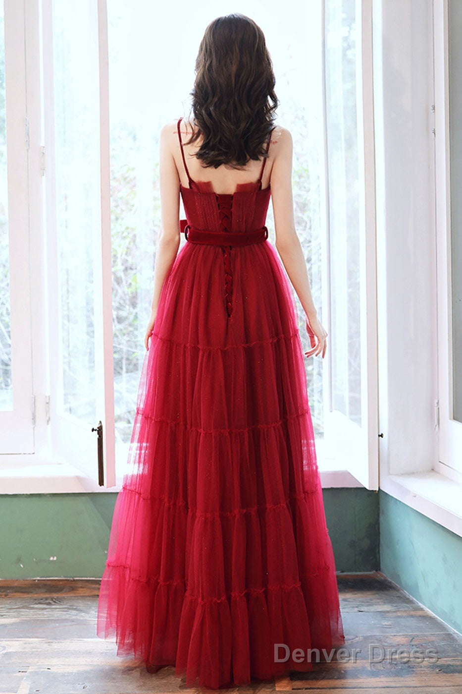 A Line Burgundy Tulle Long Prom Dress, Burgundy Prom Dresses