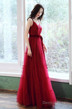 A Line Burgundy Tulle Long Prom Dress, Burgundy Prom Dresses