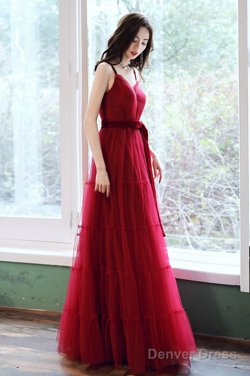 A Line Burgundy Tulle Long Prom Dress, Burgundy Prom Dresses