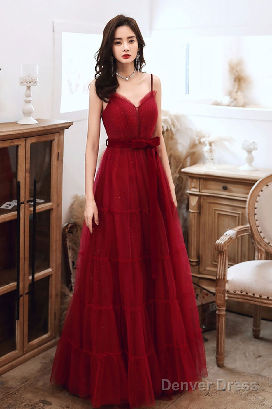 A Line Burgundy Tulle Long Prom Dress, Burgundy Prom Dresses