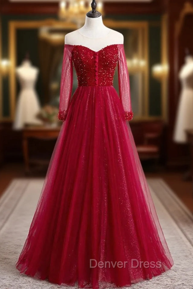 A-Line Burgundy Tulle Long Sleeve Backless Prom Dresses With Beading