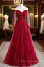 A-Line Burgundy Tulle Long Sleeve Backless Prom Dresses With Beading