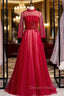 A-Line Burgundy Tulle Long Sleeve Backless Prom Dresses