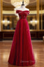 A-Line Burgundy Tulle Off the Shoulder Sequins Prom Dresses