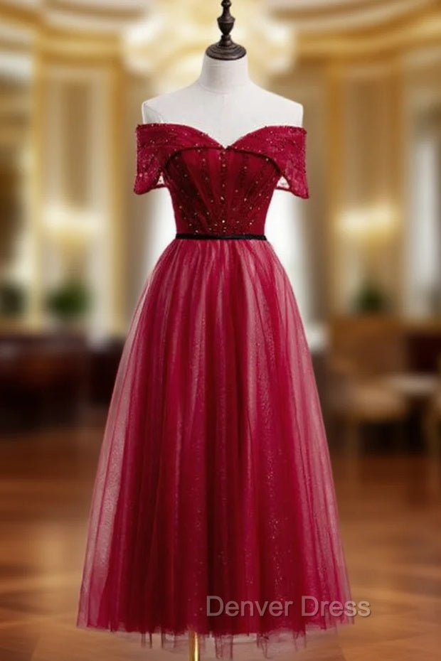 A-Line Burgundy Tulle Off the Shoulder Tea Length Prom Dresses