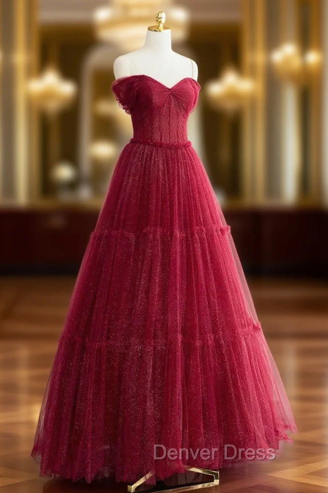 A-Line Burgundy Tulle Pleats Off the Shoulder Prom Dresses Main image