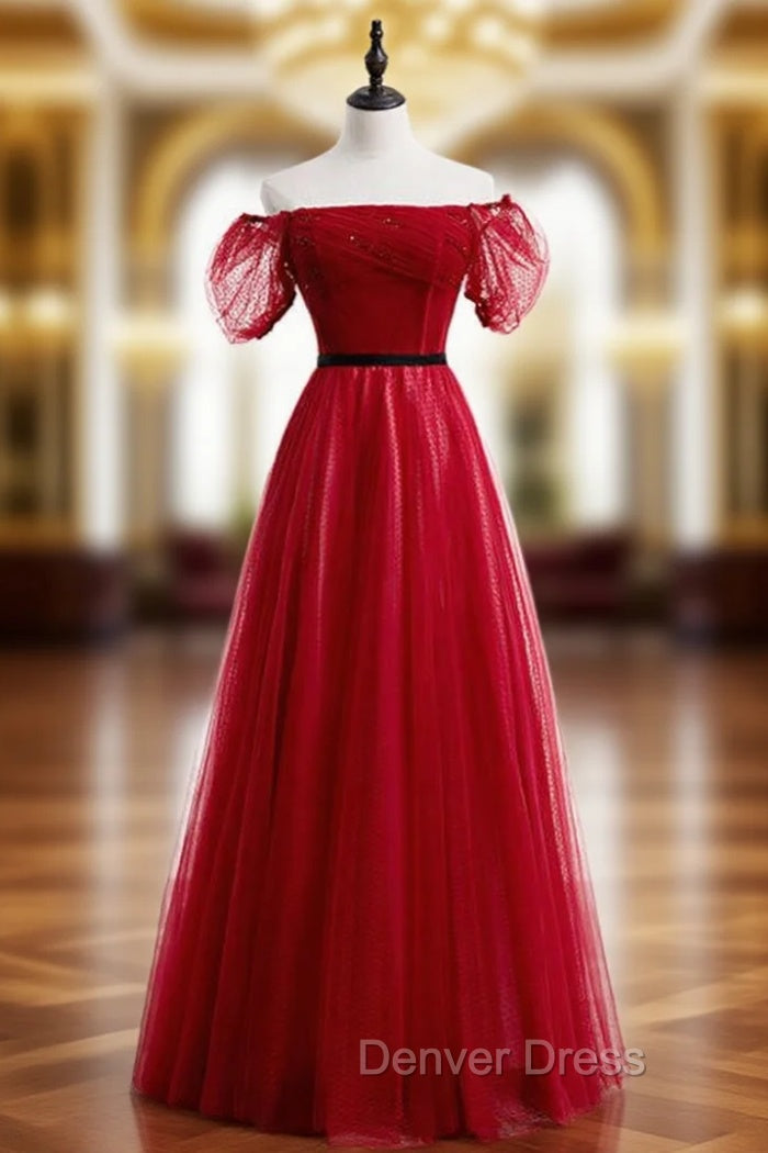 A-Line Burgundy Tulle Puff Sleeve Off the Shoulder Prom Dresses Main image