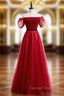 A-Line Burgundy Tulle Puff Sleeve Off the Shoulder Prom Dresses