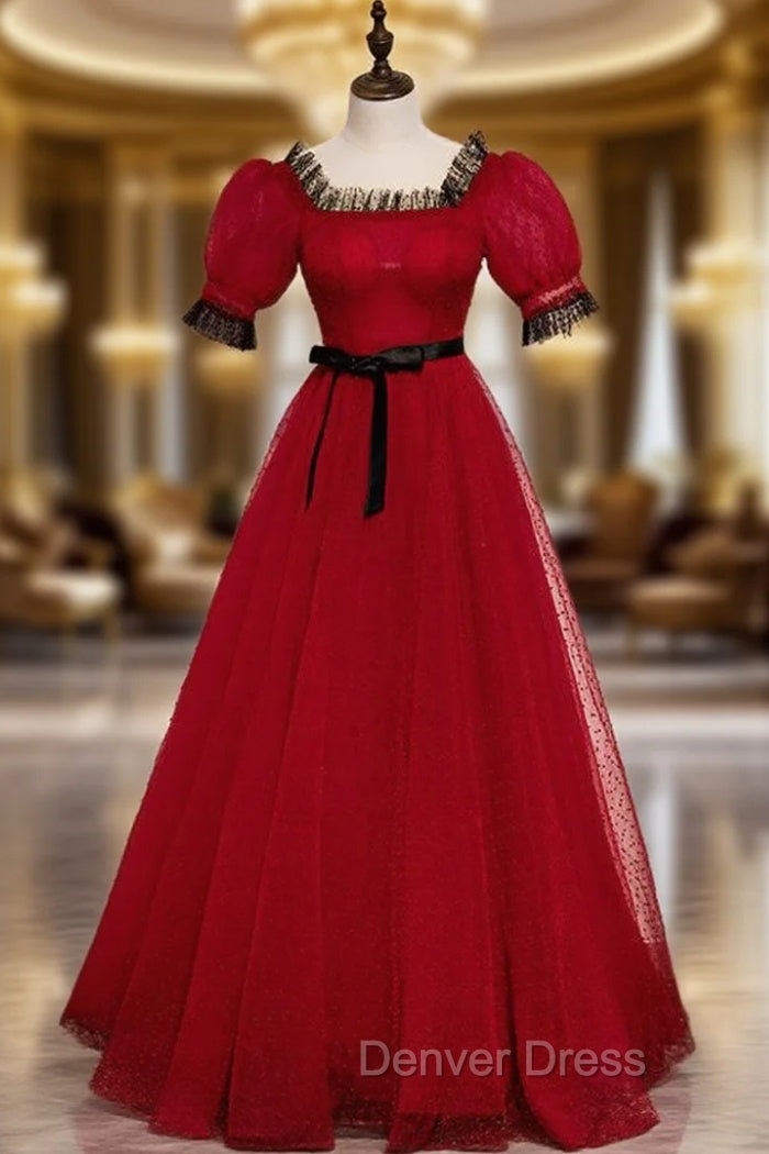 A Line Burgundy Tulle Puff Sleeve Prom Dresses Main image