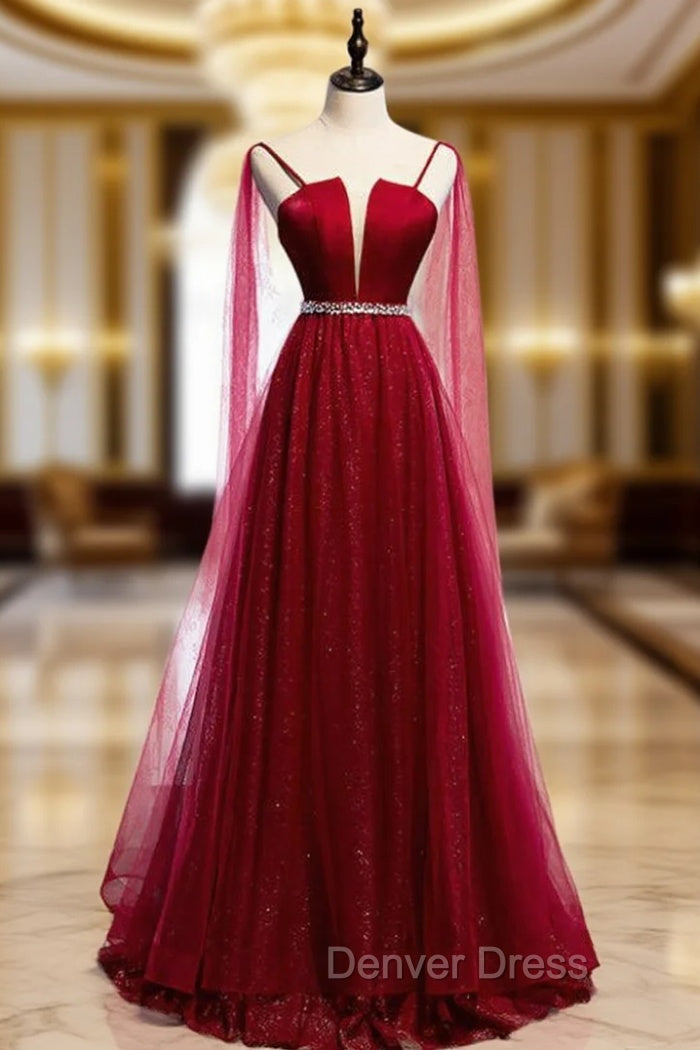 A-Line Burgundy Tulle Saghetti Straps Beading Prom Dresses