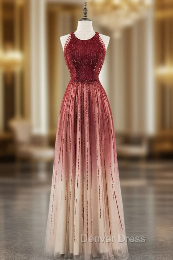 A-Line Burgundy Tulle Scoop Sleeveless Beading Sequins Prom Dresses Main image