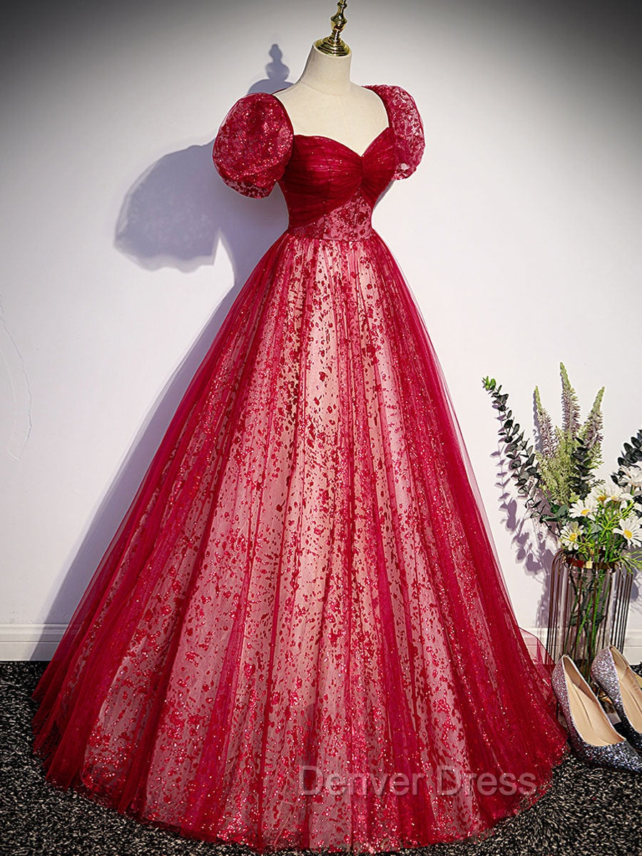 A Line Burgundy Tulle Sequin Long Prom Dresses, Burgundy Formal Dresses