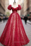 A Line Burgundy Tulle Sequin Long Prom Dresses, Burgundy Formal Dresses