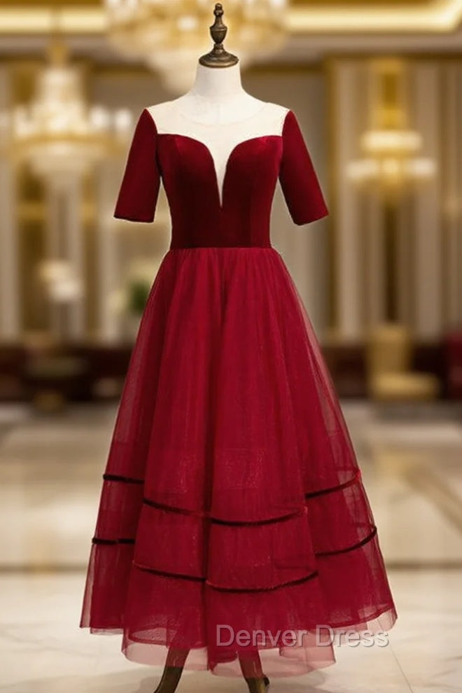 A Line Burgundy Tulle Short Sleeve Backless Tea Length Prom Dresses Main image