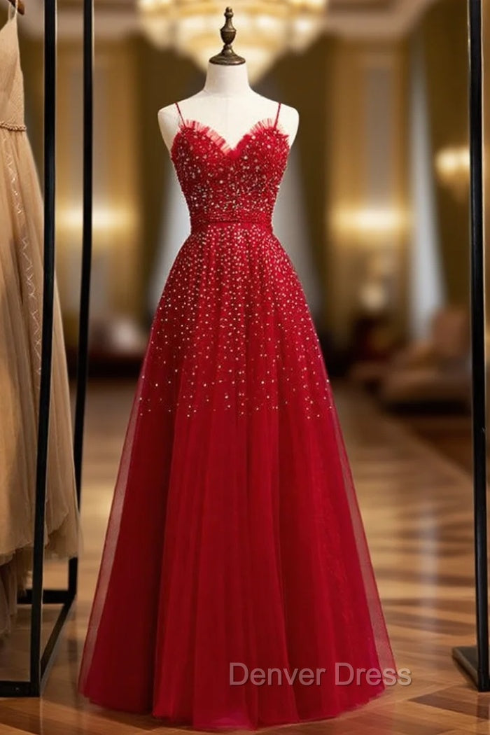 A Line Burgundy Tulle Spaghetti Straps Beading Prom Dresses Main image