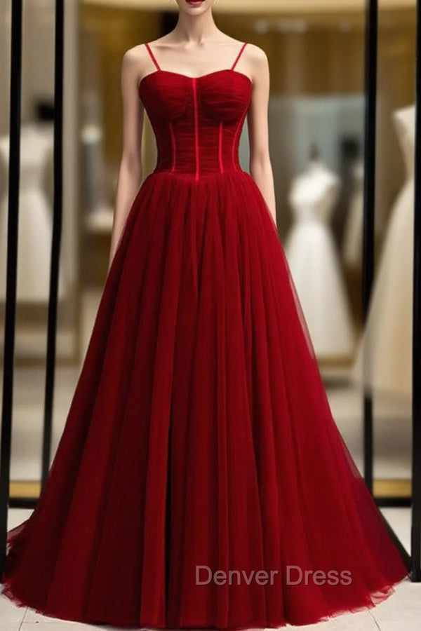 A Line Burgundy Tulle Spaghetti Straps Pleats Prom Dresses